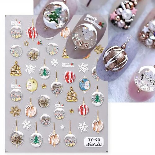 Christmas Nail Art Stickers Decals Christmas Crystal Ball Nail Stickers Winter Snowman Snowflakes Xmas Tree Design Christmas 5D Embossed Nail Decals Manicure Supplies for Holiday Nail Art Decorations
