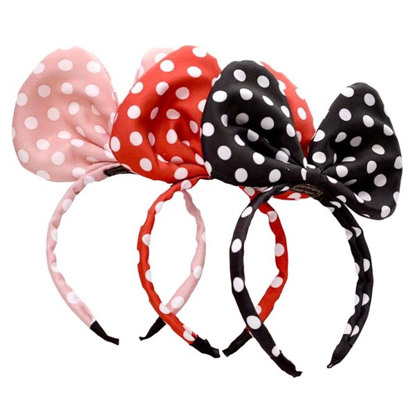 3 PCS Satin White Jumbo Polka Dot Mouse Ears Headband Bow Headwear Tiara Hair Band for Women Girls Birthday Party (Red+Black+Pink)