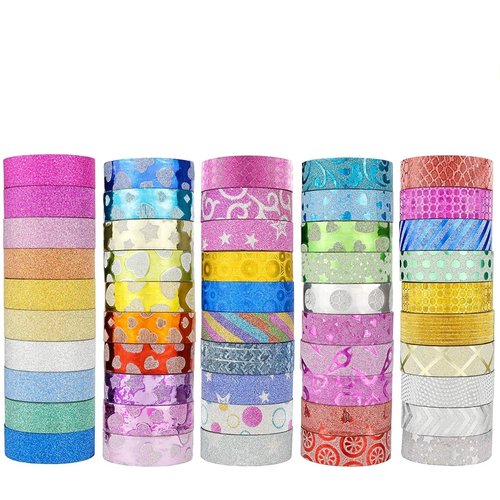 JANYUN 50 Rolls Glitter Washi Masking Tape Set,Great for Bullet Journal DIY Aesthetic Decor Scrapbooking Sticker Masking Paper Decoration Tape Adhesive Party School Supplies (Casual Style)