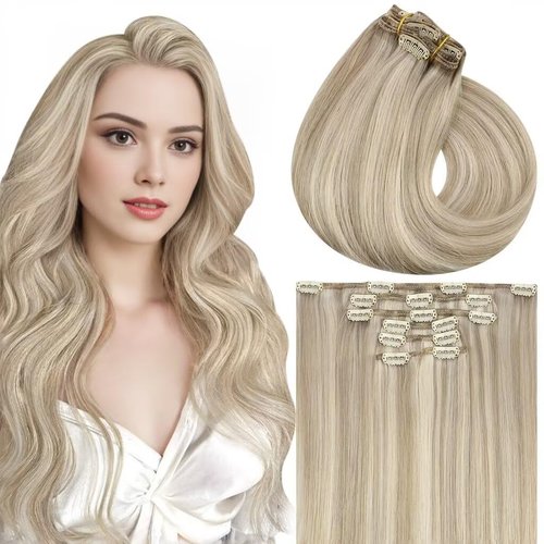 Vivien Hair Extensions Clip in Human Hair Ash Blonde Highlight Clip in Hair Extensions Soft Clip in Hair Extensions Human Hair Full Head 14 Inch 7pcs/pack 120g #16/22