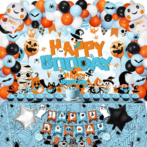 Blue Halloween Birthday Party Decorations, 105Pcs Happy Boo Day Party Supplies Include Banner Balloons Garland Tablecloth Cake Topper Spider Bat Wall Stickers for Boys Halloween Baby Shower Party