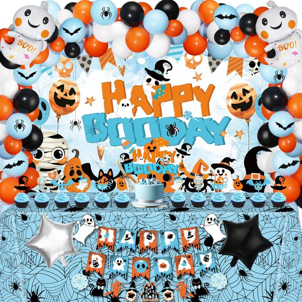 Blue Halloween Birthday Party Decorations, 105Pcs Happy Boo Day Party Supplies Include Banner Balloons Garland Tablecloth Cake Topper Spider Bat Wall Stickers for Boys Halloween Baby Shower Party