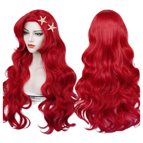 LABEAUTÉ Max Beauty Red Mermaid Wigs with Starfish Hair Clips, Curly Long Hair Daily Wig Heat Resistant Synthetic Fiber for Halloween for Cosplay for Christmas (Red 1)