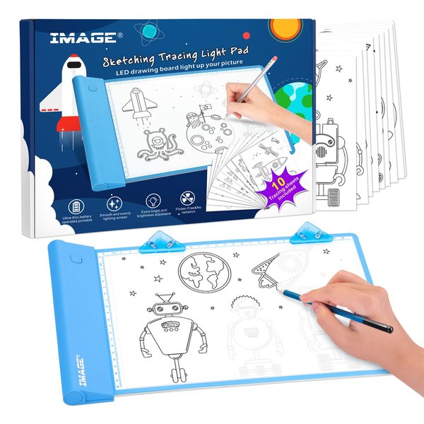 IMAGE Light Up Tracing Pad Blue Drawing Tablet Coloring Board for Kids Children Gift for Boys Girls (Includes 10 Traceable Sheets and Two Clips)