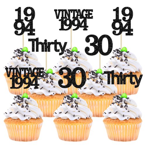 Gyufise 24Pcs Vintage 1994 Cupcake Toppers Cheers to 30 Fabulous Thirty Cupcake Picks Decorations for 30th Birthday Wedding Anniversary Party Supplies Black