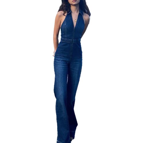 SEMATOMALA Women's Sleeveless Y2K Jean Jumpsuit Flared Leg Pants Romper Halter Tank Top Denim Catsuit Maxi Overall(BE,S)