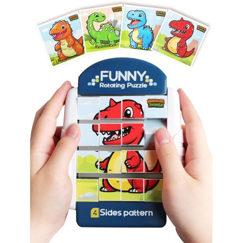 Fullware 16-Piece Rotating Puzzles for Kids 4-6, Toddlers Puzzles 2-4, Road Trip, Airplane Activities Game, Travel Toys - Brain Teaser, Fine Motor Skills - Birthday Gifts Boys Girls - Dinosaur