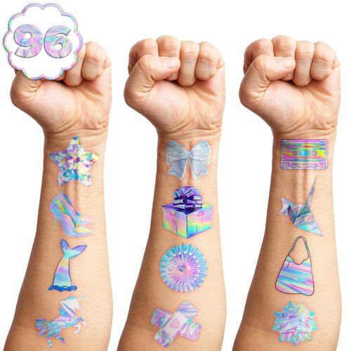 105 PCS Holographic Star Birthday Party Decorations Favors Supplies Temporary Tattoos Decor Pink Bubble Mermaild Disco Club Stickers For Boys Girls Gift School Prizes Rewards