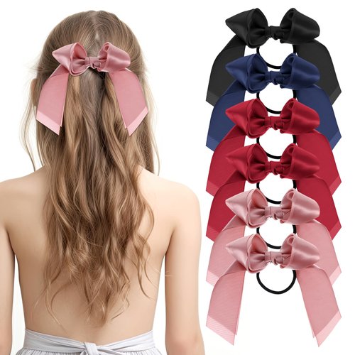 Qianyu 6 Packs Satin Bow Hair Tie Elastics Big Bowknot Hair Scrunchies Rope Cute Ponytail Holder ...