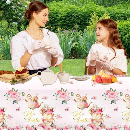 Dydamud Pink Floral Tea Party Tablecloth,Girls Tea Party Birthday Supplies 3pcs Let’s Partea Spring Disposable Table Cover for Par Tea Baby Shower,Floral Birthday Decorations
