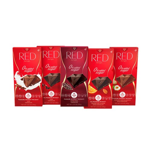 RED Delight Chocolate Bar Variety Pack, Made with No Added Sugar, Fewer Calories and Less Fat, 3.5 Ounce Bar, Pack of 5