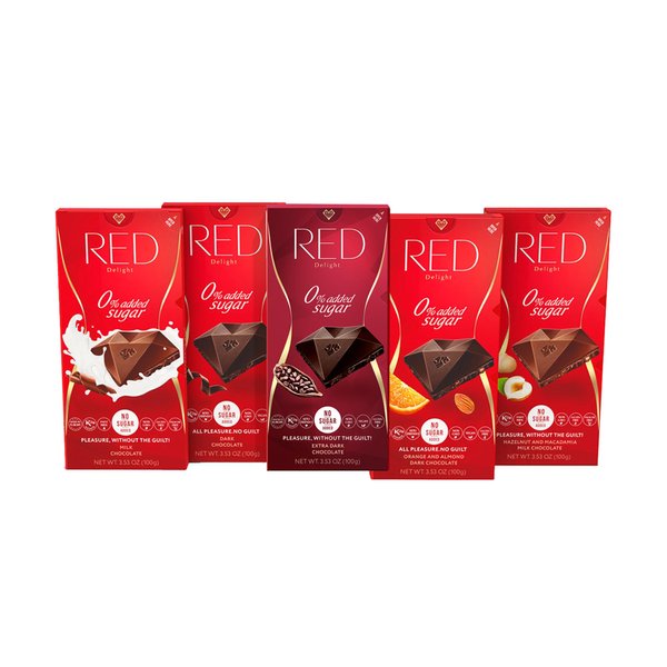 RED Delight Chocolate Bar Variety Pack, Made with No Added Sugar, Fewer Calories and Less Fat, 3.5 Ounce Bar, Pack of 5