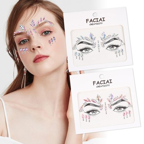 Totelux Face Gems for Women White Pink Face Jewels AB Rhinestones Stick on Eye Face Crystal Temporary Tattoo Stickers Makeup Festive Christmas Rave Mermaid Cosplay Dress-up Decoration 2Pcs