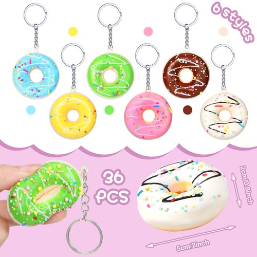 Jexine 36 Pcs Donut Keychain Stress Balls 2 Inch Donut Theme Party Favors Doughnut Keychain Pendant for Kids Backpack Party Supplies Accessory, 6 Colors