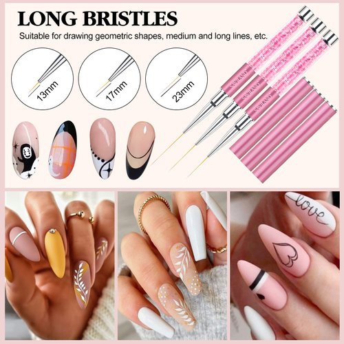 SAVILAND 6pcs Nail Art Liner Brushes Set: Nail Brush Gel Polish Painting Nail Art Design Brushes Pen with Crushed Diamond Rhinestone Handle for Pulling Lines,Sizes 7/9/11/13/17/23 mm