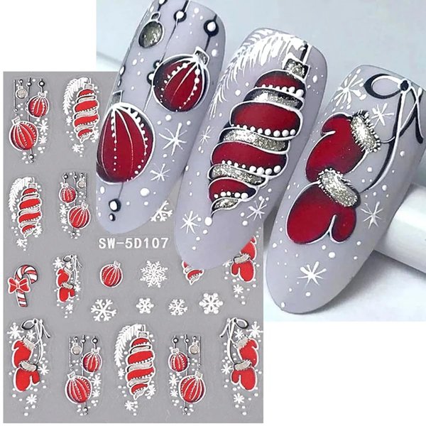 Christmas Nail Art Stickers Decals 5D Embossed Snowflake Nail Decals Self-Adhesive Red Gloves Feather Bells Nail Design Xmas Nail Art Supplies Sticker for Christmas Manicure Nail Art Decorations 3PCS