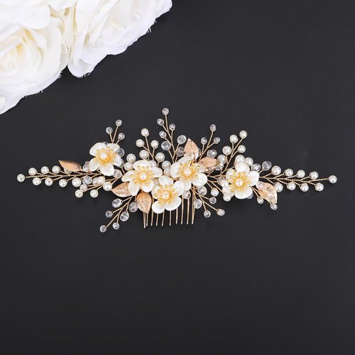 Teyglen Flower Bride Wedding Hair Comb Gold Leaf Headpiece Bridal Crystal Pearl Hair Side Comb Floral Hair Piece Decorative Hair Accessories for Women Girls