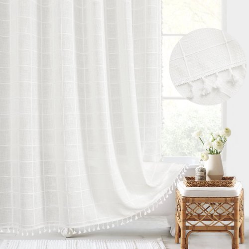 Gibelle White Boho Farmhouse Shower Curtain with Tassels, Shabby Chic Cute Cottagecore Bathroom Decor Thick Waffle Weave Textured Fabric Shower Curtain Set with Hooks, 72x72