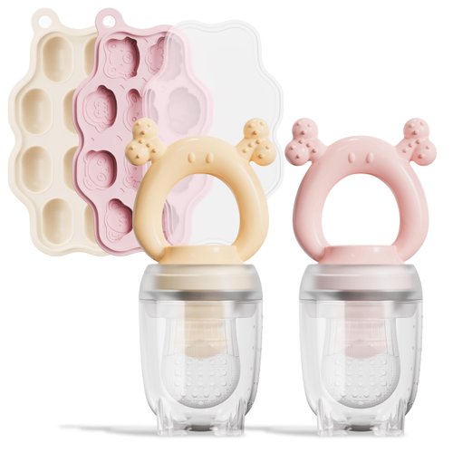 Silicone Baby Fruit Feeder with Freezer Tray (2 Pack),Baby Teethers,Baby Teething Toy,Breastmilk Popsicle Molds for Baby Teething Relief,Fresh Food Feeder for Safe Infant Self Feeding (Pink & Nude)