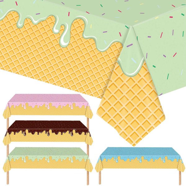 Hokoad Ice Cream Party Decorations, Ice Cream Disposable Tablecloth Waterproof Plastic Rectangular Table Cover for Happy Birthday Party Supplies, 4 Pack, 54 x 108 inch