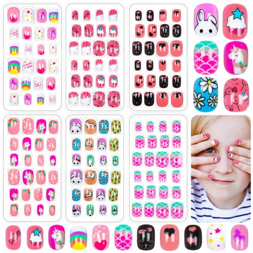 144 Pieces Fake Nails for Kids Girls Artificial Kids Press on Nails Full Cover Short Acrylic Stic...