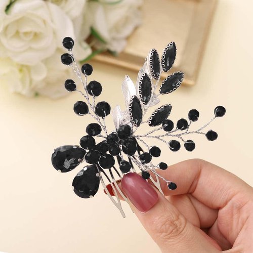 Casdre Crystal Bride Wedding Hair Comb Rhinestone Bridal Side Comb Hair Piece Leaf Hair Accessories for Women and Girls (D Black)
