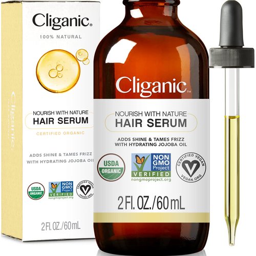 Cliganic Organic Hair Serum - Adds Shine & Tames Frizz for Dry Damaged Hair - with Hydrating Oils Jojoba, Coconut - 2oz