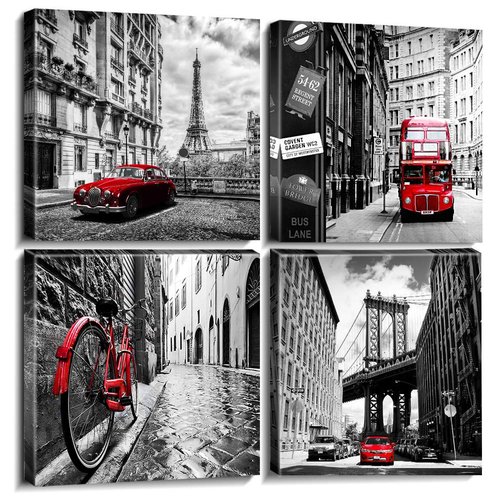 Black and White Wall Art for Bedroom Red Wall Decor Paris Bathroom Pictures City Landscape Canvas Poster with Eiffel Tower Brooklyn Bridge London for Living Room Office Home Decorations 12×12" 4 Pcs