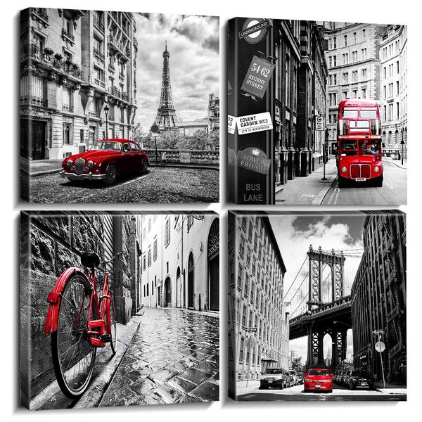 Black and White Wall Art for Bedroom Red Wall Decor Paris Bathroom Pictures City Landscape Canvas Poster with Eiffel Tower Brooklyn Bridge London for Living Room Office Home Decorations 12×12" 4 Pcs