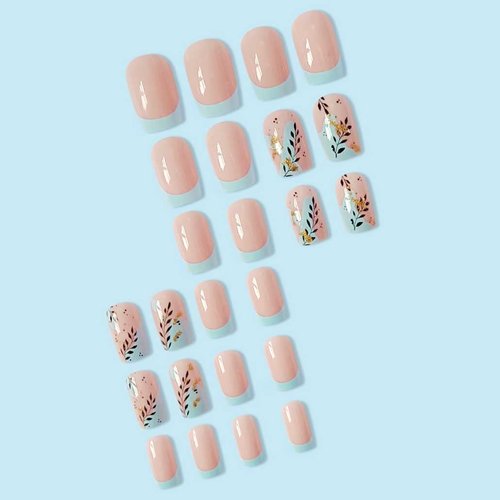 Foccna 24pcs Pink Fake Nails Square French Tip Press on Nails Medium Glossy Blue False Nail Tips Artificial Finger Manicure for Women
