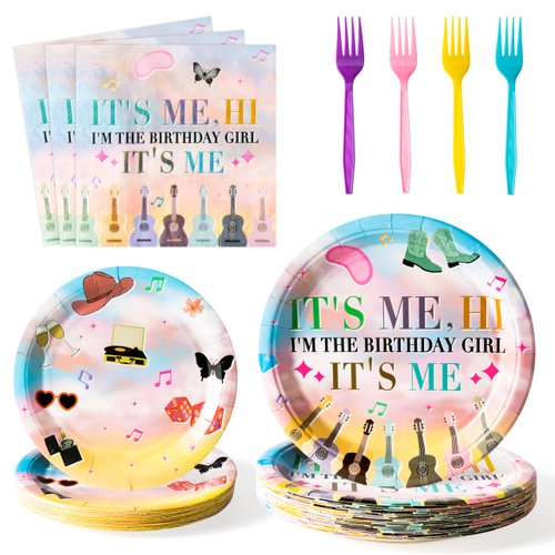 BHronony Music Party Plates Napkins - 96pcs Popular Musical Forks Tableware Set Decorations Supplies, Pop Singer Themed Birthday Disposable Dinnerware Favor for Kids Girls Teens It’s Me (24 Guests)