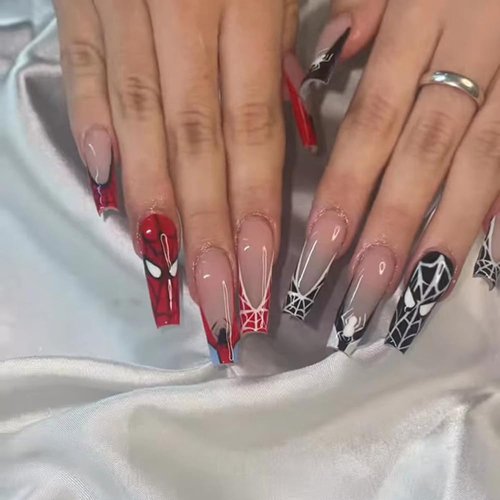 24 Pcs Halloween Fake Nails Long Black Spider Web Press on Nails Black Red French Tip False Nails Full Cover Halloween Glue on Nails Square Artificial Nails Halloween Acrylic Stick on Nails for Women