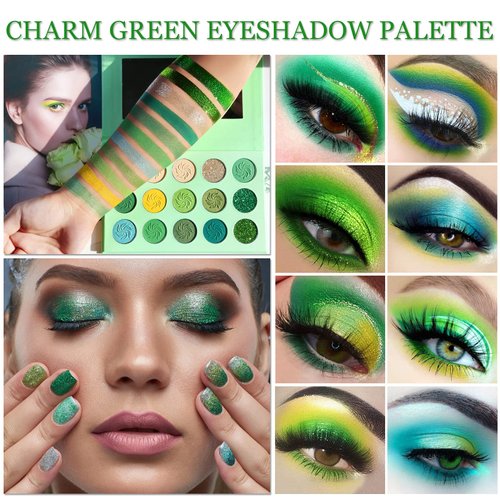 CAHIUYOA Green Eyeshadow Palette Green Glitter Makeup,Forest Emerald Green Yellow 15 Colors Matte Glitter Eyeshadow Long Lasting Colorful Eye Shadow Plattet for Women Girls