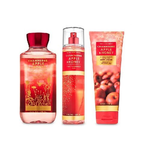 Bath and Body Works Champagne Apple and Honey Body Care Set. Shower Gel 10 Fl Oz, Fine Fragrance Mist 8 Fl Oz and Body Cream 8 Fl Oz.
