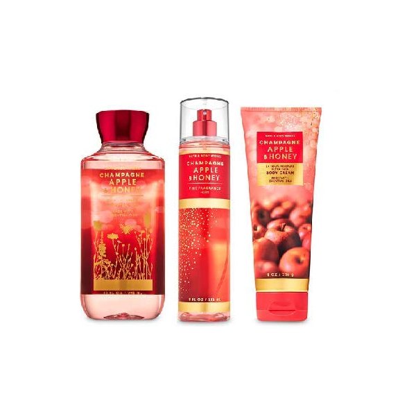 Bath and Body Works Champagne Apple and Honey Body Care Set. Shower Gel 10 Fl Oz, Fine Fragrance Mist 8 Fl Oz and Body Cream 8 Fl Oz.