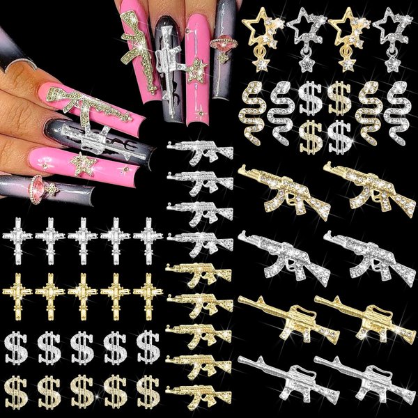 RODAKY 50PCS Gun Nail Charms 3D Cross Nail Art Jewelry Gold Dollar Sign Charms for Nails Multi Style Nail Gems for Women Manicure Snake Charms Nail Decoration Craft Accessories