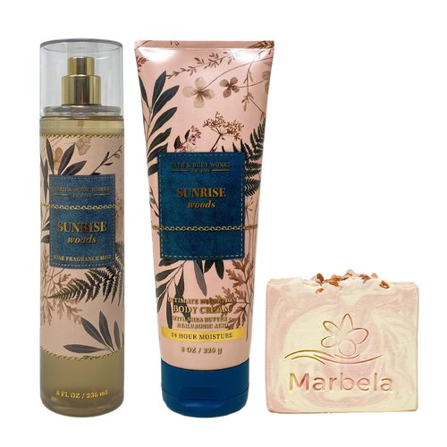 Bath & Body Works Sunrise Woods Duo Gift Set - Fragrance Mist and Body Cream - with a Himalayan Salts Springs Bar Soap - Full Size