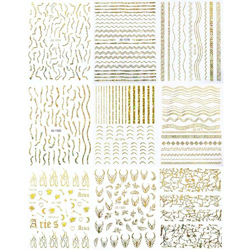 9 Sheet Gold Line Nail Art Stickers 3D Self-Adhesive Metal Nail Decal Laser Gold Flower Leaf Butterfly Flame Design Nail Art Supplies for Women Acrylic Nail Decorations Accessories