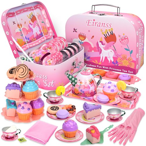 Tea Party Set for Little Girls, 43Pcs Princess Tea Time Toy with Dessert,Cookies,Doughnut,Tablecloth,Gloves & Carrying Case,Kids Kitchen Playset Birthday Gift Toys for Girls Boys Age 3-8
