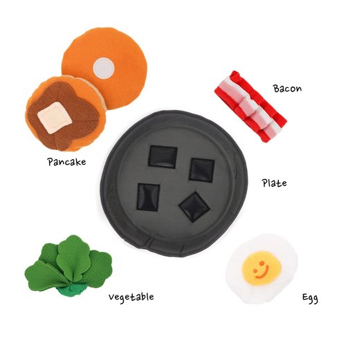 Woof² Sunday Brunch Set Soft Plush Dog Toy of 5 Parts - Pancake, Bacon, Vegetables, Sunny-Side Up Egg and Plate, Play Fetch & Hide Treats for Mental Training, Paper Crinkle Sound, Small Medium Pets