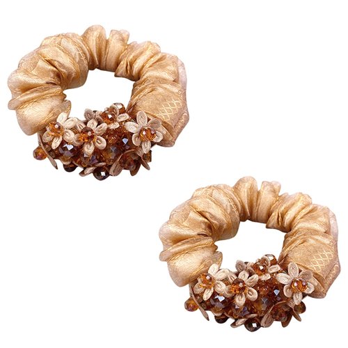 2 Pack Sparkly Boho Organza Crystal Beads Hair Ties Hair Ropes Hair Scrunchies Elastics Ponytail Holders Hair Jewelry Hair Wrist Ties Bands Scrunchies Hair Accessory for Show Gym Dance Party for Girl Women (Champagne color)