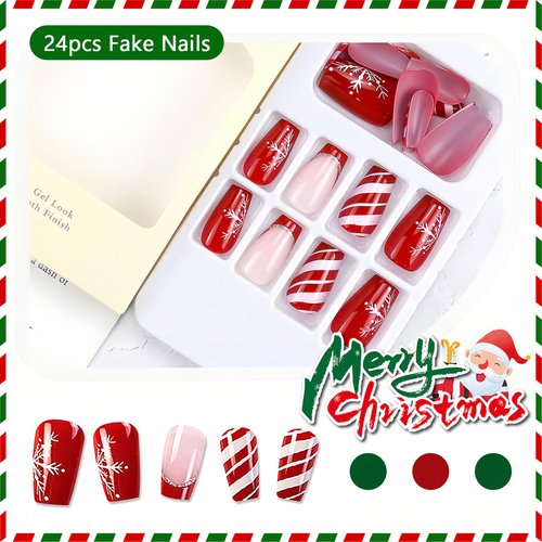 Christmas Press On Nails Medium Square, 24Pcs Christmas Fake Nails Red French Tips Stiped White Snowflake Designs Stick On Nails for Women Girls Christmas Nail Accessories