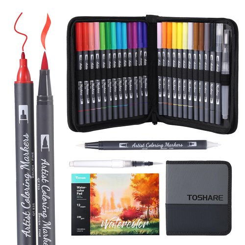 TOSHARE Watercolor Pens Set, 24-Color Dual Tip Paint Markers, Water-Based Coloring Markers with 1 Aquapen, 1 Colorless Blender, and 12-Page Pad, Art Supplies for Artists & Beginners