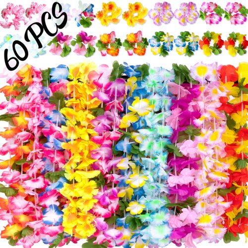 Moon Boat 60 Pieces Hawaiian Luau Leis - Tropical Tiki Hibiscus Flowers for Summer Pool Party Favors Supplies Decorations (10 Styles)