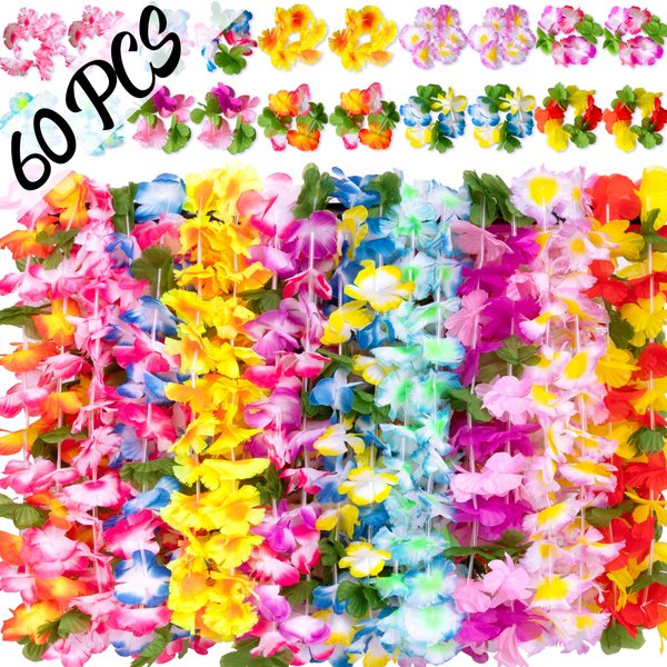 Moon Boat 60 Pieces Hawaiian Luau Leis - Tropical Tiki Hibiscus Flowers for Summer Pool Party Favors Supplies Decorations (10 Styles)