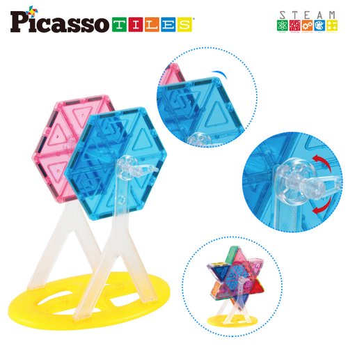 PicassoTiles Magnet Tile Building Blocks Ferris Wheel Amusement Rotating Accessory Kit Compatible with Full Sized Magnetic Tiles Construction Toy Set Education STEM Learning 3D Toddler Kid Age 3+ PT09