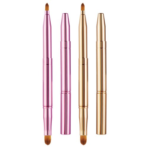 Retractable Lip Brush 2 Pack Double-Ended Lip Brushes Lip Brush With Cap Lip Makeup Brushes Lipstick Brush Applicator Travel For Lipstick Lip Gloss Include Lid (Gold,Pink)