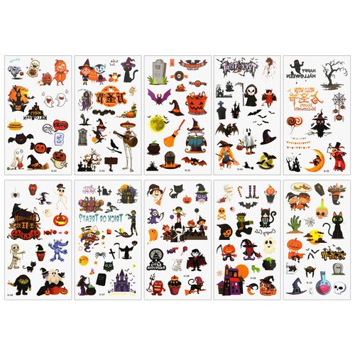 10 Sheets Halloween Temporary Stickers, Various Patterns Pumpkin Spider Halloween Tattoos Waterproof Halloween Face Tattoo Stickers for Kids Adults Halloween Party Gifts Favors Decorations (Style 2)