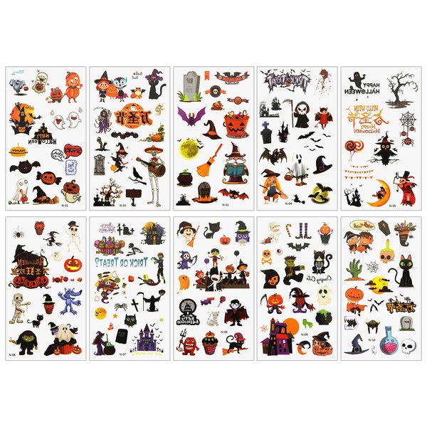 10 Sheets Halloween Temporary Stickers, Various Patterns Pumpkin Spider Halloween Tattoos Waterproof Halloween Face Tattoo Stickers for Kids Adults Halloween Party Gifts Favors Decorations (Style 2)