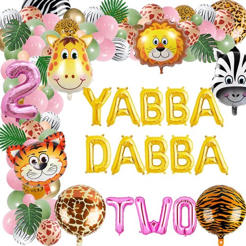 140pcs Jungle Safari 2nd Birthday Party Decorations Pink Yabba Dabba Two Balloons Jungle Animals Balloons Garlands Arch Kit for Two Wild/Born Two be Wild Girls 2nd Birthday Party Supplies Decorations